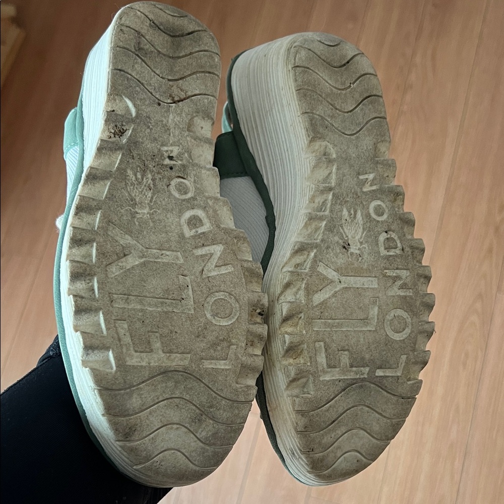 Fly London Green and Cream Wedge Sandals - Picture 3 of 4